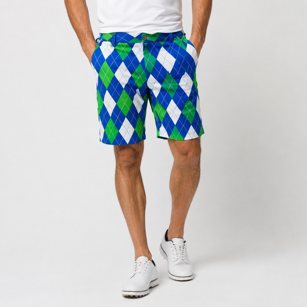 Royal & Awesome Argyle Golf Shorts Mens 34 Blue Green White Cotton Golfing